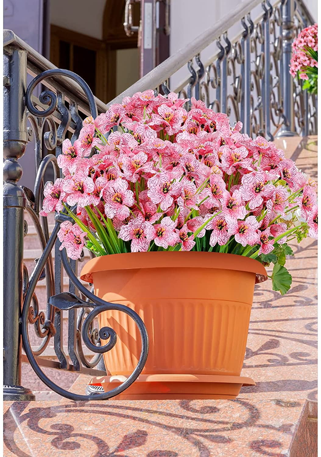 24 Bundles Artificial Flowers for Spring Decoration, Outdoor UV Resistant Fake Silk Flowers No Fade Faux Plastic Plants for Indoor Outside Window Box Porch Hanging Basket Decor (Pink-violet)