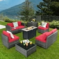 thumbnail image 1 of Gymax Ensemble de Mobilier de Patio en Rotin 9 Pcs Table à Foyer Rangement Noir avec Housse Rouge, 1 of 10