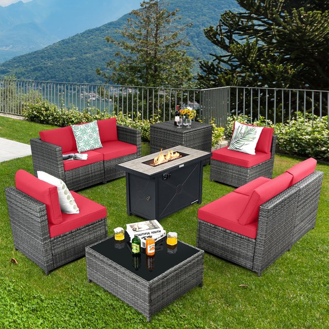 Gymax Ensemble de Mobilier de Patio en Rotin 9 Pcs Table à Foyer Rangement Noir avec Housse Rouge