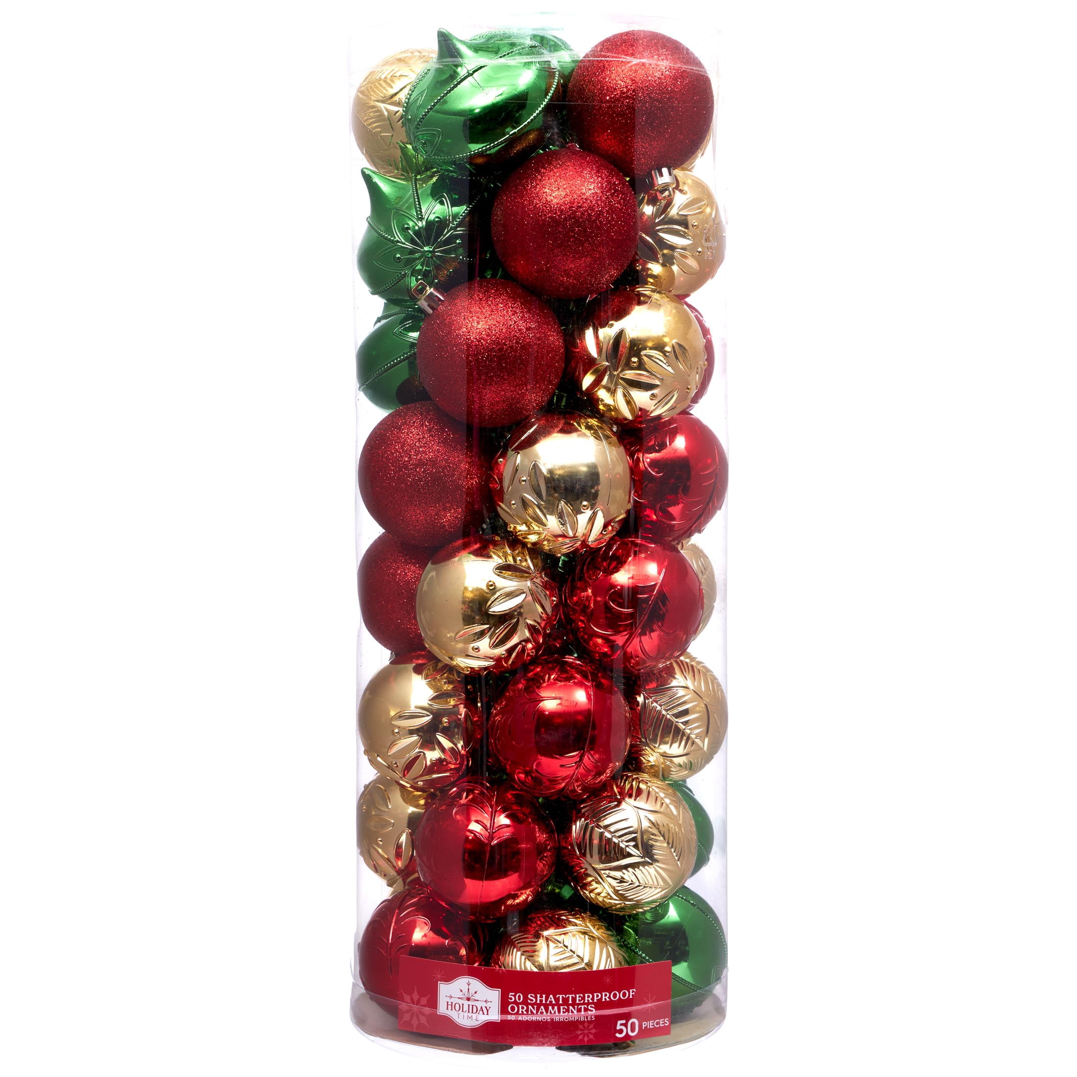 Red, Green and Gold Shatterproof Christmas Ball Ornaments, 50 Count, by Holiday Time