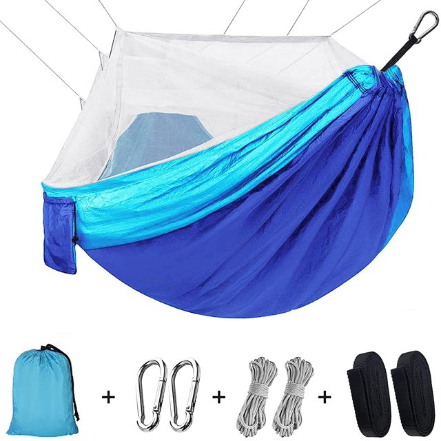 FFIY Hamac de Camping avec Filet, Hamacs de Voyage Portables Doubles/simples Légers avec Sangles d'Arbre, Hamac en Nylon Facile à Assembler pour Randonnée Camping Plage Jardin Patio (Bleu)