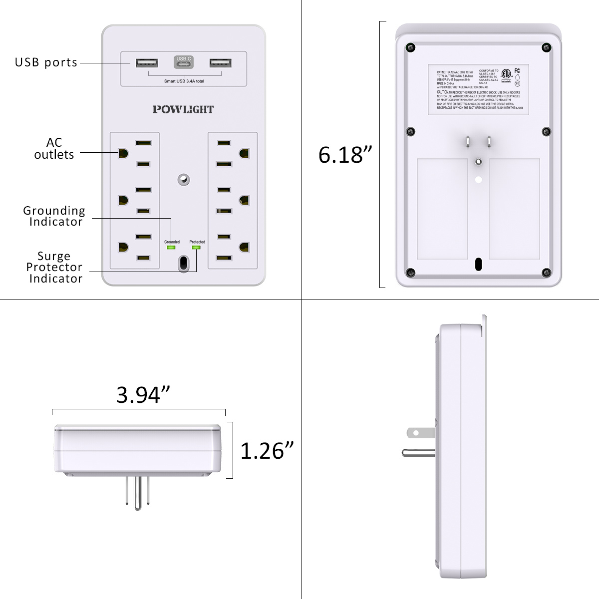 Powlight Wall Mount Surge Protector, 6 AC Outlets, 3 USB photo 6