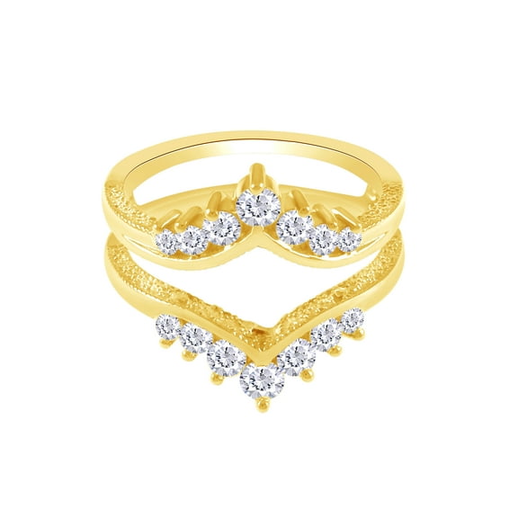 Round Shape White Cubic Zirconia Chevron Enhancer Guard Ring 10k Yellow Gold Ring Size - 9