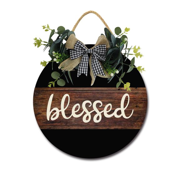Blessed Sign Front Door Porch Decorations, Round Rustic Wood Hanging Sign for Farmhouse Porch Outdoor Home Holiday Front Door Sign Decor