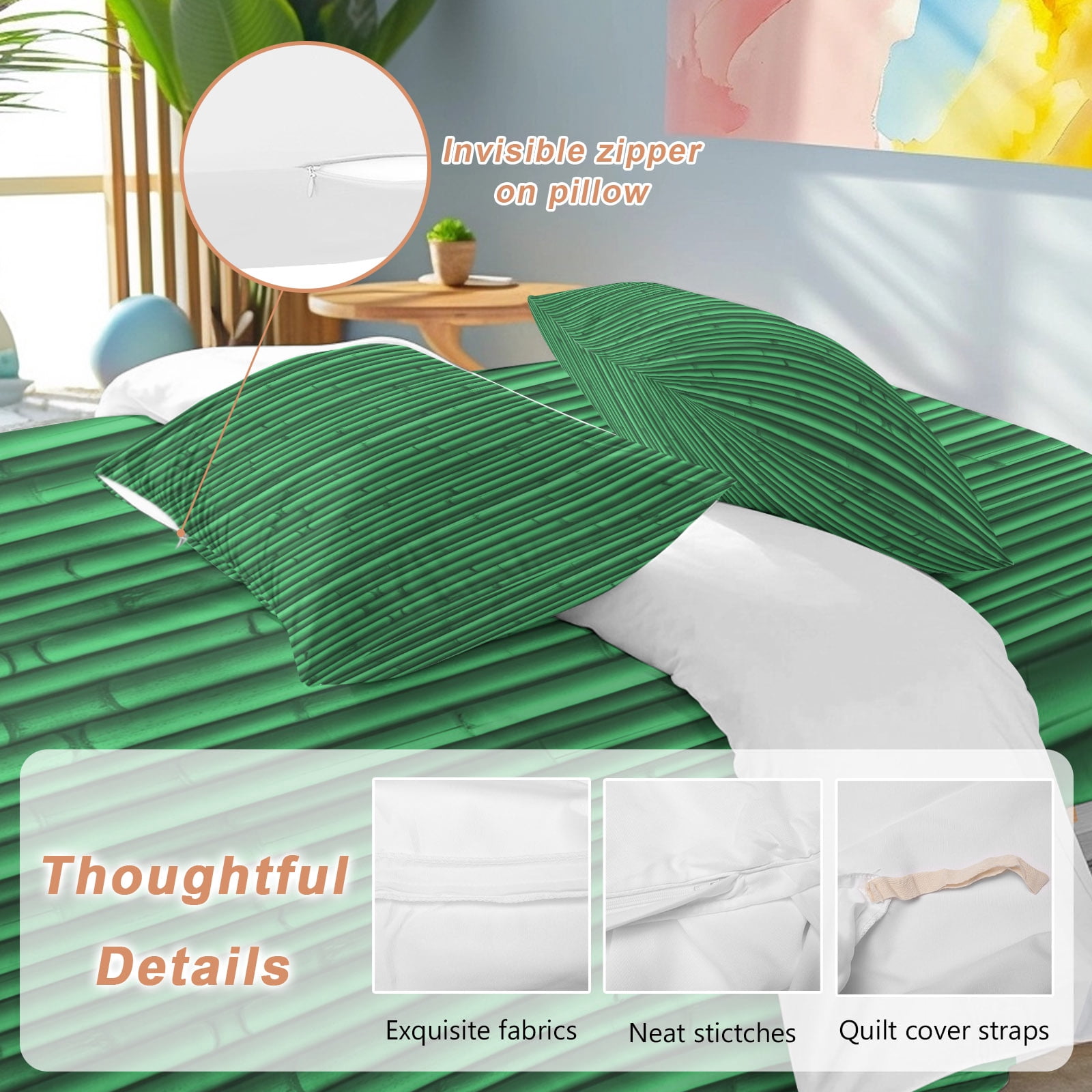 Green Bamboos Queen Duvet Cover Set, Natural Vintage Bamboos Tree Plant Image 4 Piece Microfiber Bedding Set with Zipper Closure, Bed Sheet and 2 Pillow Shams, Soft Bedding Cover