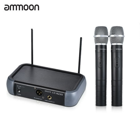 ammoon Dual Channel VHF Wireless Handheld Microphone System with Echo Function 2 Microphones & 1 Receiver 6.35mm Audio Cable for Karaoke Family Party Performance Presentation Public