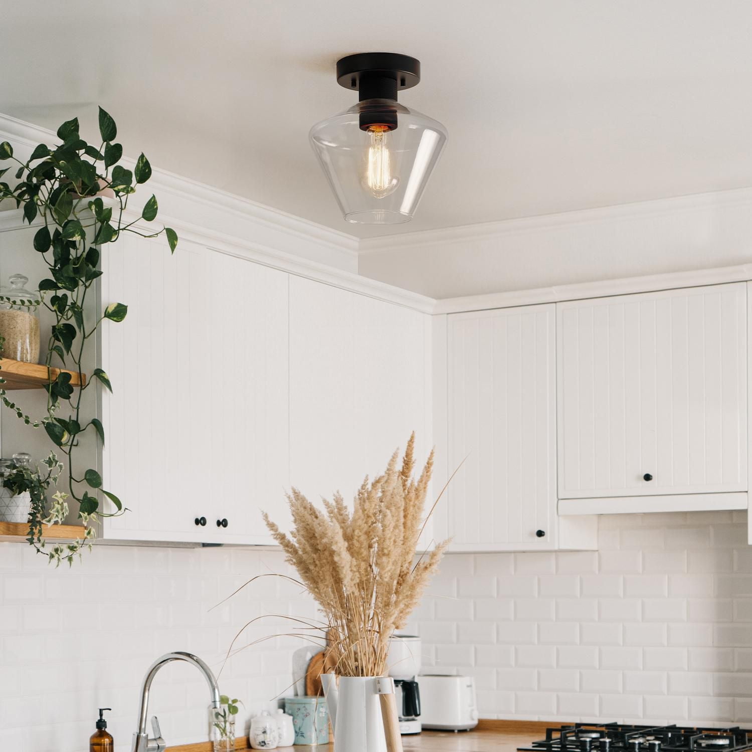 1-Light Matte Black Semi-Flush Mount Ceiling Light with Clear Glass Shade and Diamond Knurl Texture on Socket