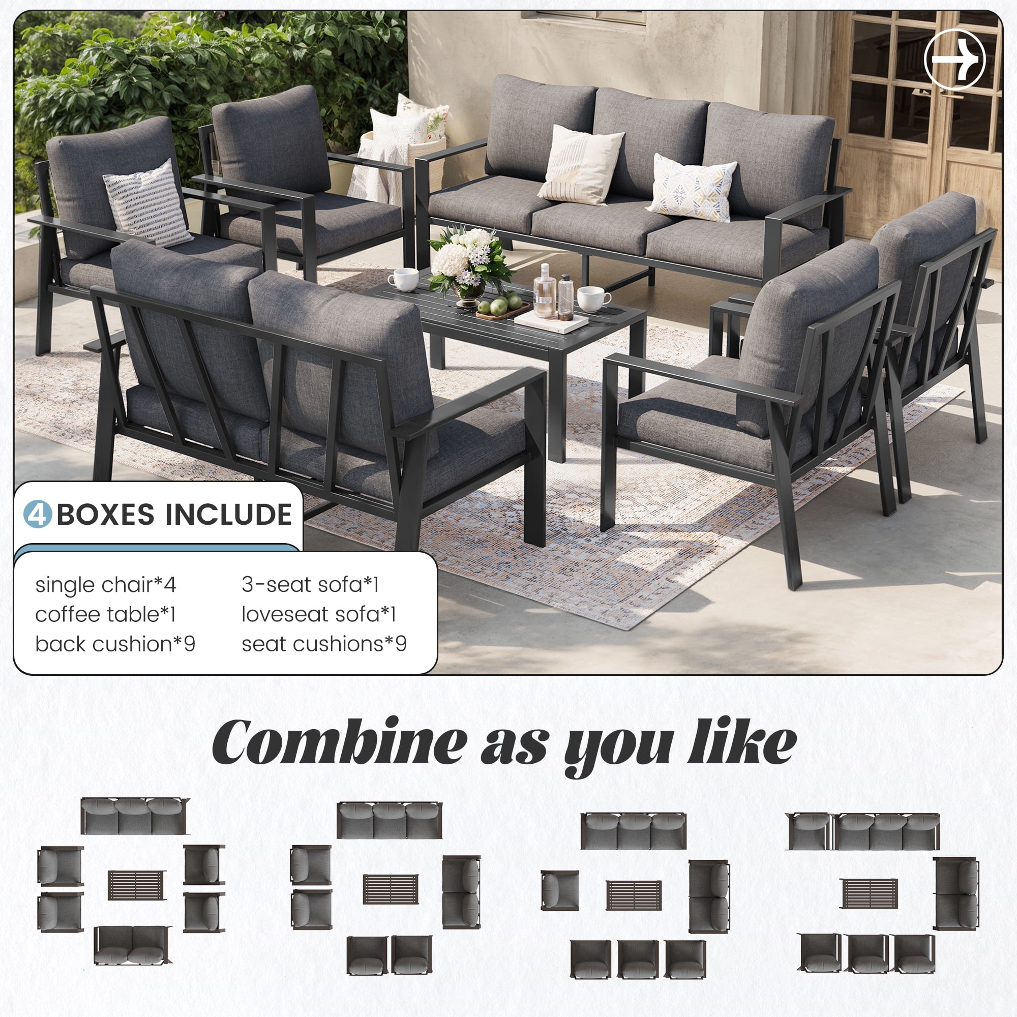 MRUAKA Aluminum Patio Furniture Set, 9 Pcs Modern Outdoor Sofa Sets, Outdoor Sectional Patio Conversation Set with Coffee Table for Backyard, Poolside, Dark Grey