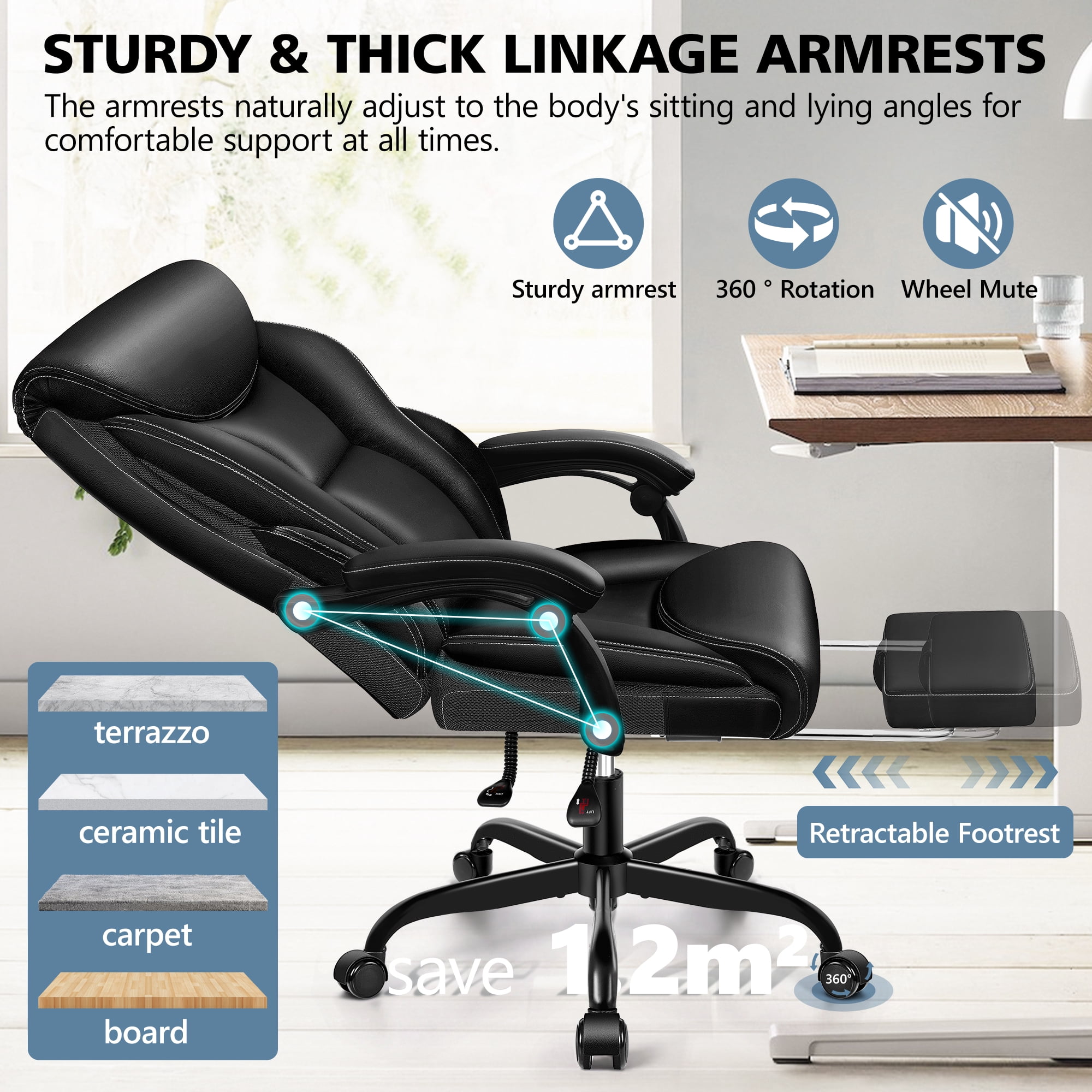 ATHOPE Executive Office Chair, 500lbs Big and Tall Leather Desk Chair with Footrest, Adjustable Height, Ergonomic Computer Chair with Lumbar Support For Home Office, Black
