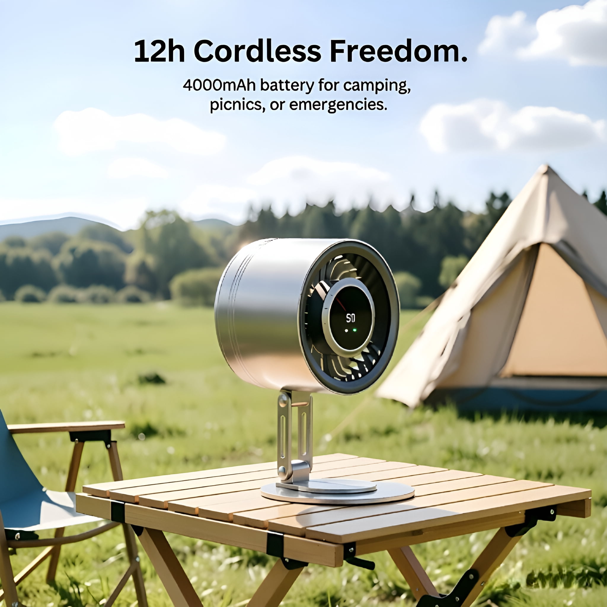 Yison Smart 12H Cordless Metal Desk Fan, USB Rechargeable Silent Table Air Circulator, Titanium Silver