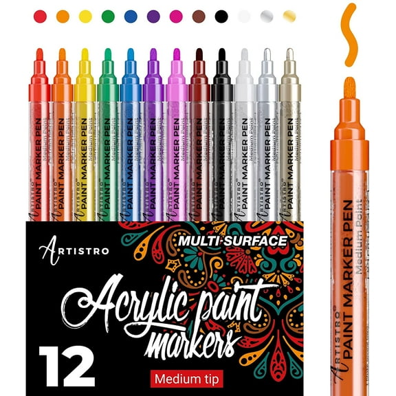 Artistro Acrylic Paint Pens for Fabric, Clothes, Glass, Wood Medium Tip, 12 Colored Paint Markers from begginer to artist