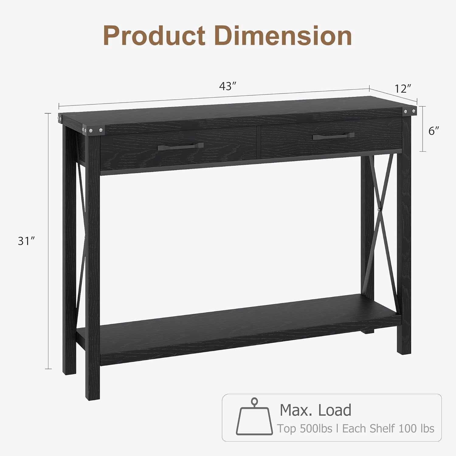 43" Farmhouse Entryway Table, Rustic 2-Tier Wood Console Table with Shelf, Sofa Table for Living Room, Hallway, or Foyer, Black