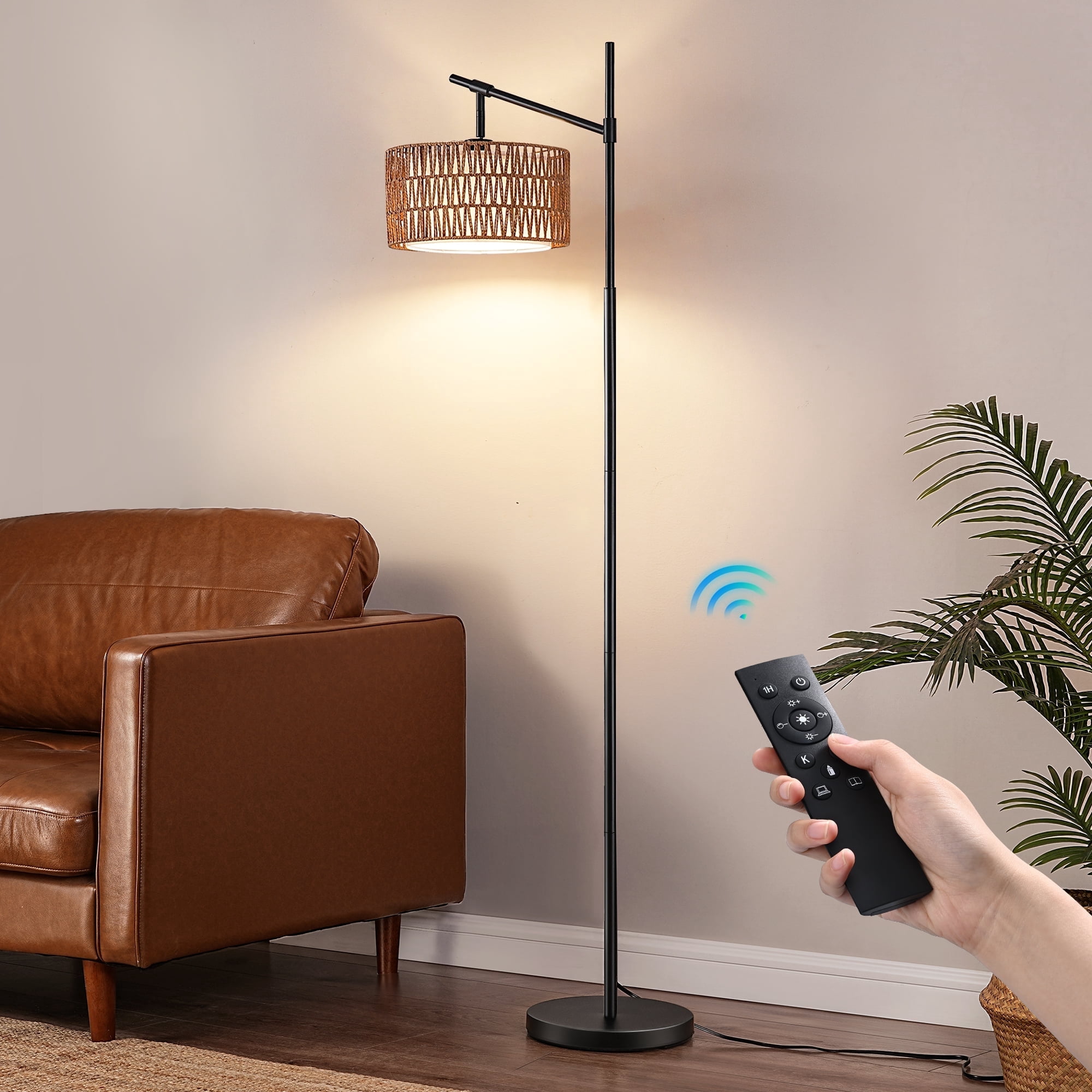 EDISHINE Rattan Floor Lamps with Remote for Living Room, Black Standing Lamp with Rattan & Fabric Double Drum Shade, Boho Farmhouse Tall Lamp for Bedroom, With LED Light Bulb.