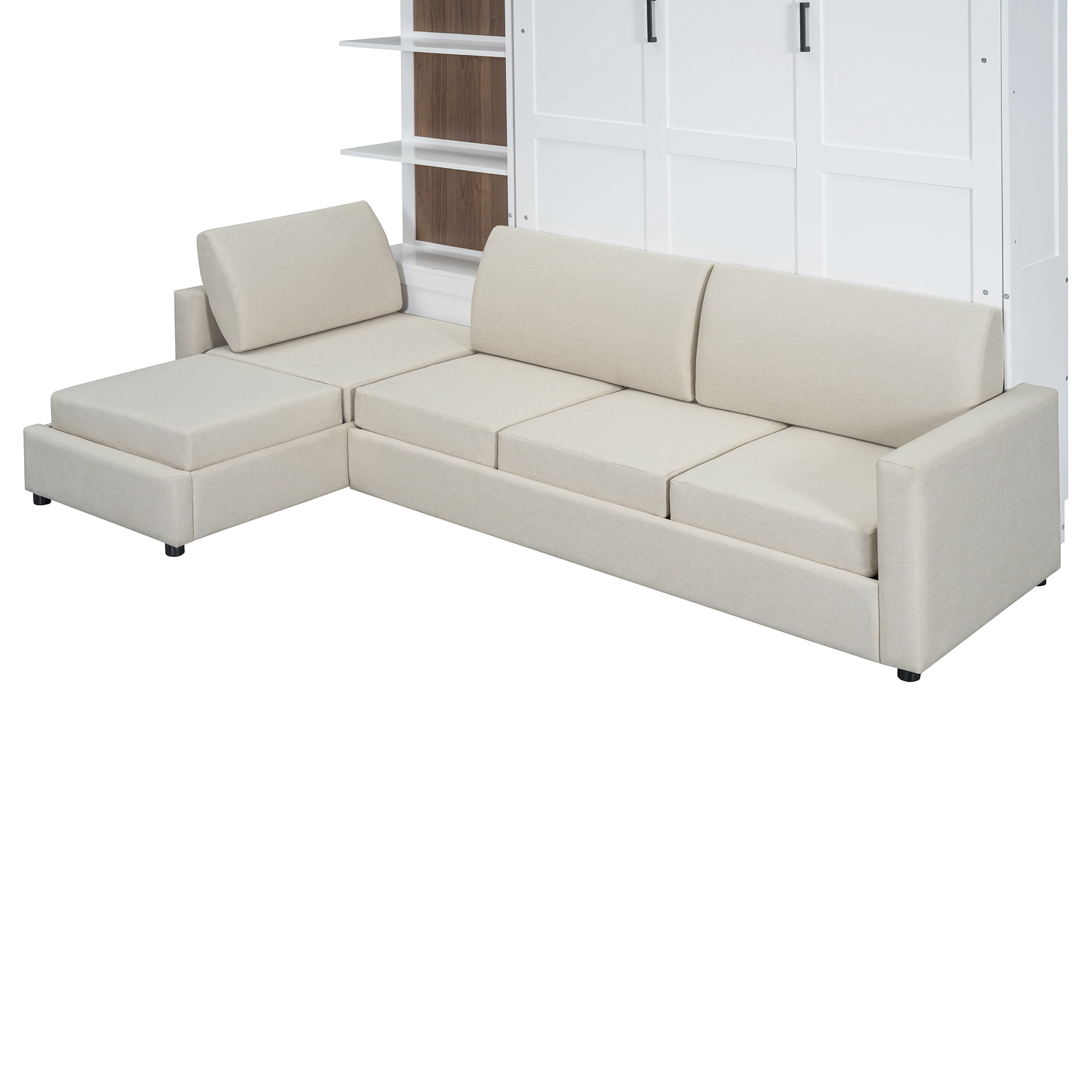 Harper & Bright Designs Queen Size Murphy Bed, Wooden Queen Murphy Bed Frame with Shelves, Wall Bed with L-Shape Sofa, White