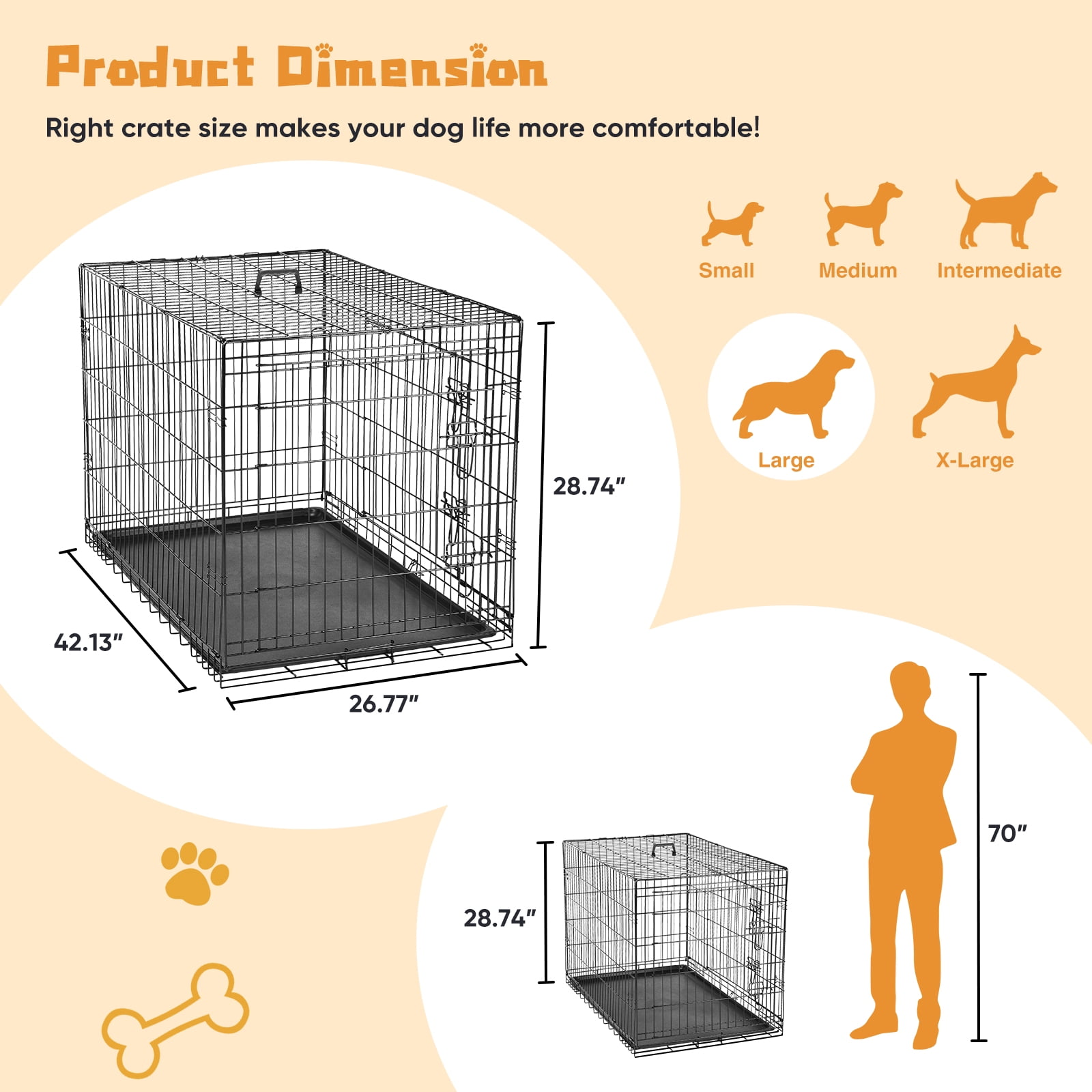EDX Large Dog Crate with Divider Panel, 42" Double Door Folding Metal Wire Dog Cage with Plastic Leak-Proof Pan Tray