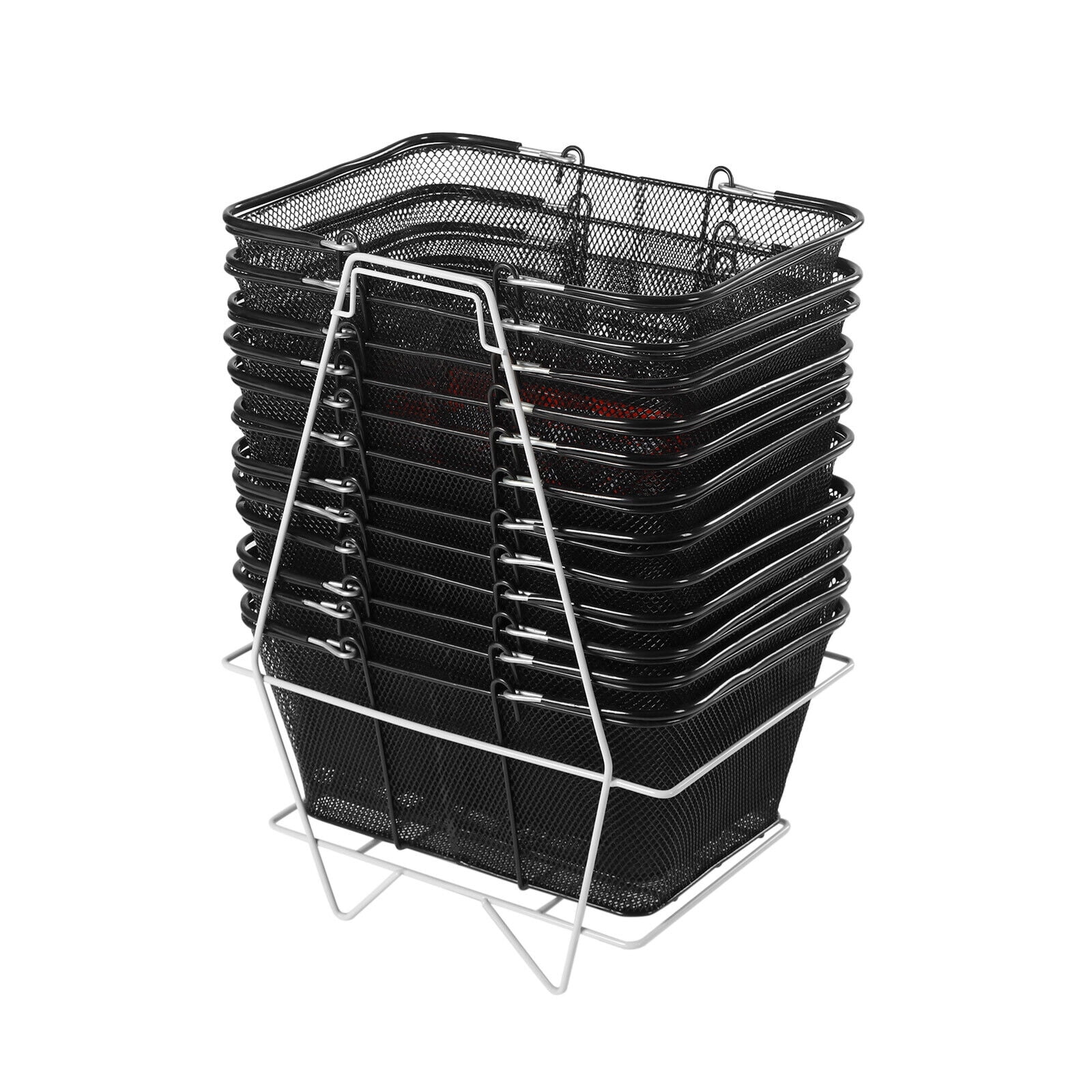 Miumaeov Set of 12 Portable Metal Wire Mesh Shopping Baskets with Handles+1 Basket Stand for Supermarket Retail Store, Black