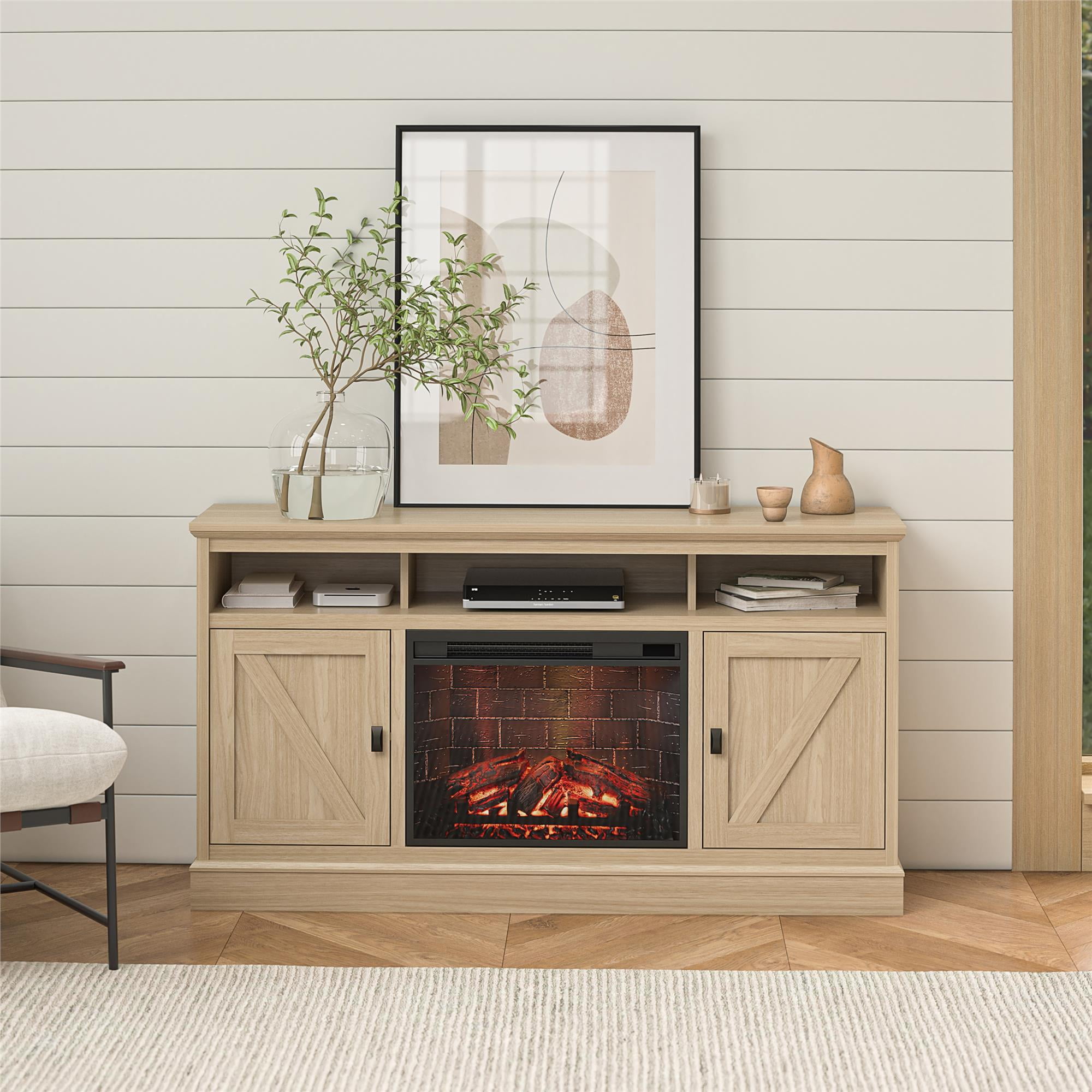 Ameriwood Home Ashton Lane Fireplace TV Stand, Spring Pine