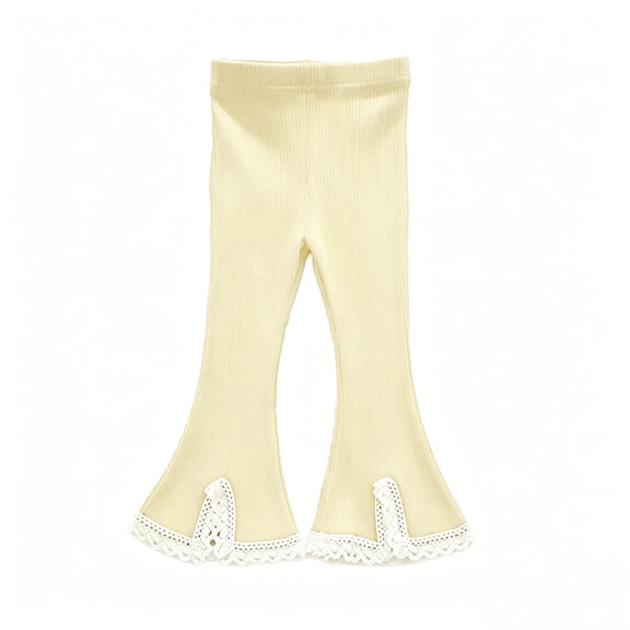ZACPNCV Girls Ribbed Knit Flare Pants Elastic Waist Lace Trim Bootcut Bell Bottom Trousers Casual Stretch Leggings for Little Girls 2-3Years Beige