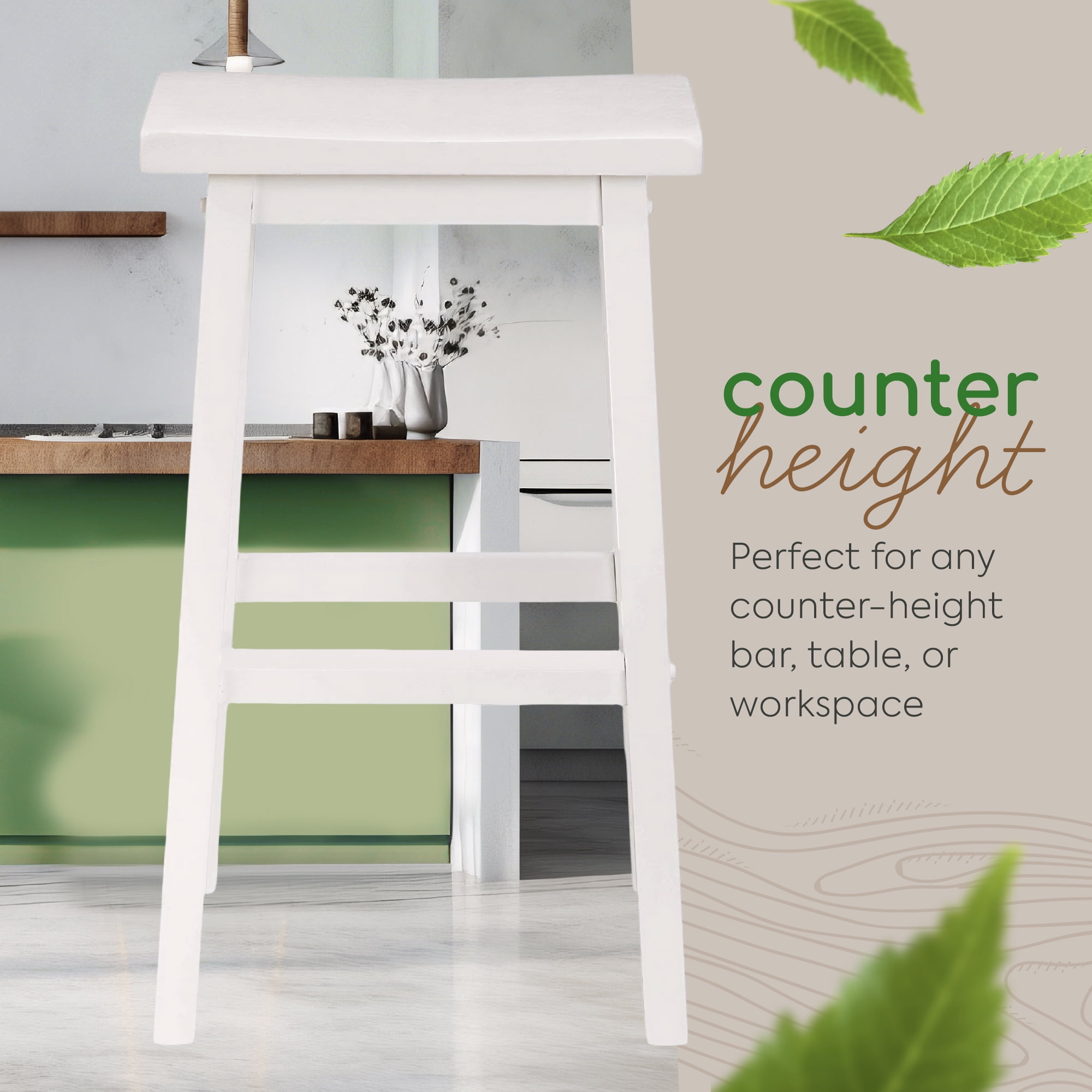 PJ Wood Saddle-Seat 29 Inch Kitchen and Bar Counter Stool, White, Set of 2