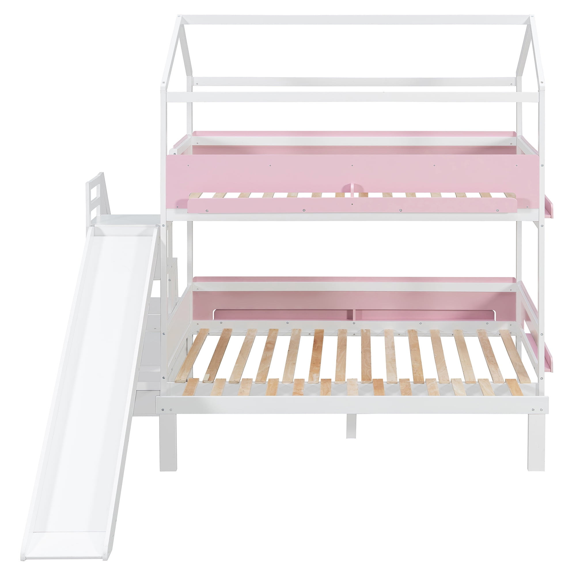 Mintazer Kids Twin Over Full Bunk Bed House-Shaped Bed Frame with Slide & Storage Staircase for Children Bedroom, Pink