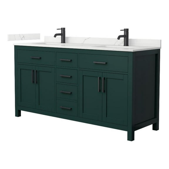 Beckett 66" Green Double Vanity & Giotto Quartz Top (1-Hole) & Black Trim