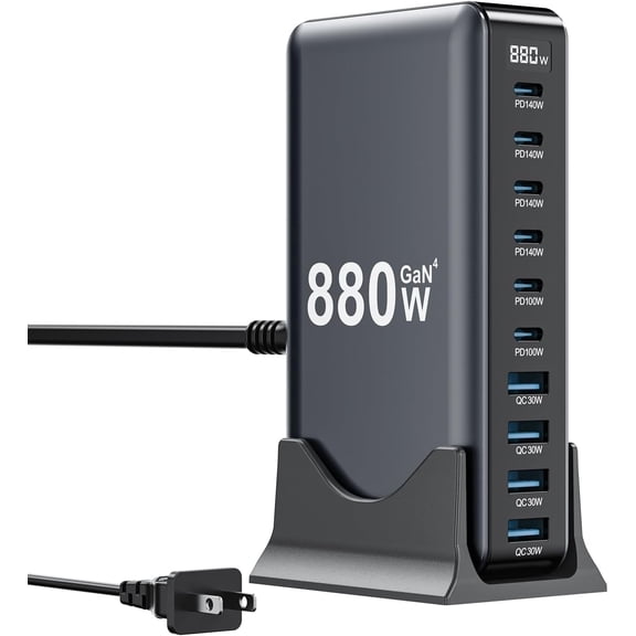 880W USB-C Charger, 10-Port USB-C Charging Station, GaN IV Travel Essentials Multi-Port Charging Station, 100W Laptop Fast Charging Adapter for MacBook Pro/Air, DELL, iPad, iPhone, Samsung Galaxy