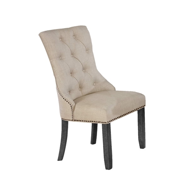 Dark Gray Wood Dining Chair Upholstered with Beige Linen Fabric (Single)