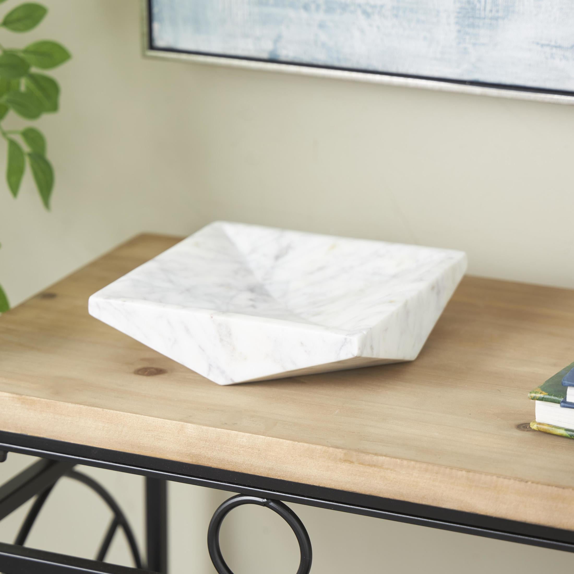 DecMode 8" x 8" White Marble Square Geometric Tray, 1-Piece