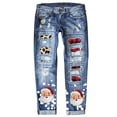 thumbnail image 2 of Bmisegm Women Christmas Tree Print Lattice Patchwork Stretch Ripped Pants Mid Waist Hole Jeans Pants Distressed Washed Christmas Patch Print Denim Pants Trousers Christmas Red S, 2 of 6
