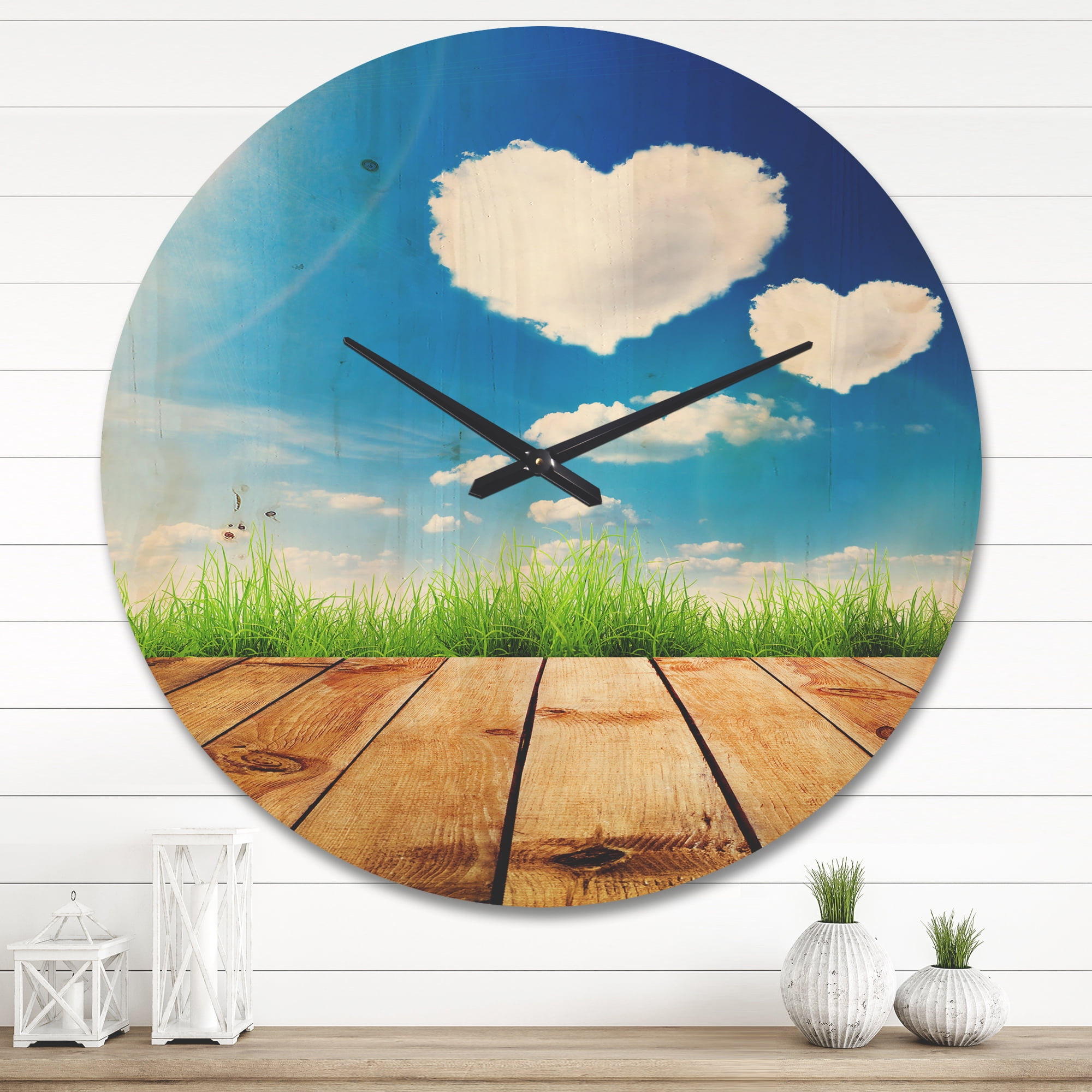 Designart 'Cloud Hearts on Blue Sky Grass Field' Farmhouse Wood Wall Clock