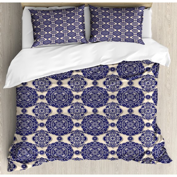 Mandala Duvet Cover Set King Size, Ornamental Flower Pattern Shadow Effect Royal Retro Revival Medieval Exotic, Decorative 3 Piece Bedding Set with 2 Pillow Shams, Beige Navy Blue, by Ambesonne