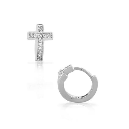 - 925 Sterling Silver White CZ Cross Religious Hoop Huggie Womens Girls Small Earrings