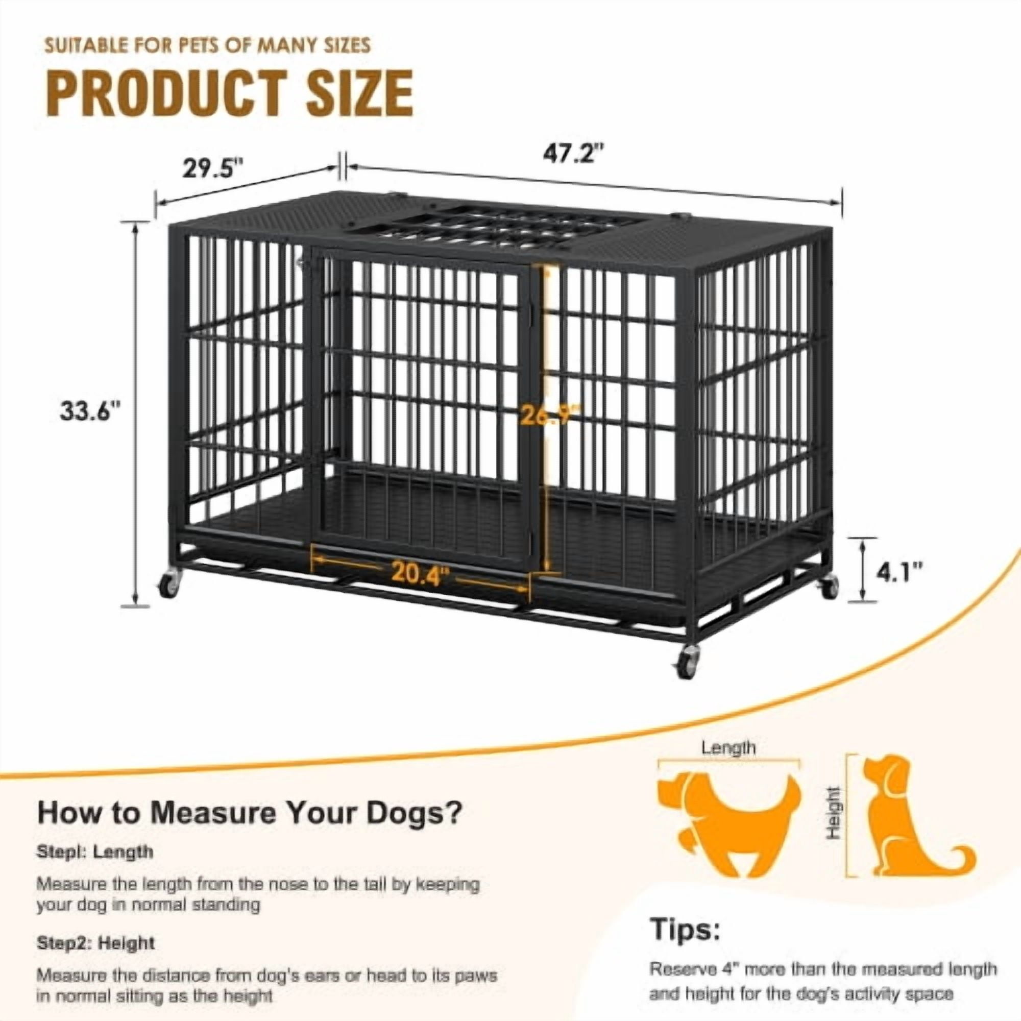 47.2" Heavy Duty Mobile Dog Crate with Lockable Wheels & Rotary Twist-Latch, Indoor/Outdoor Metal Pet Kennel with Perforated Top