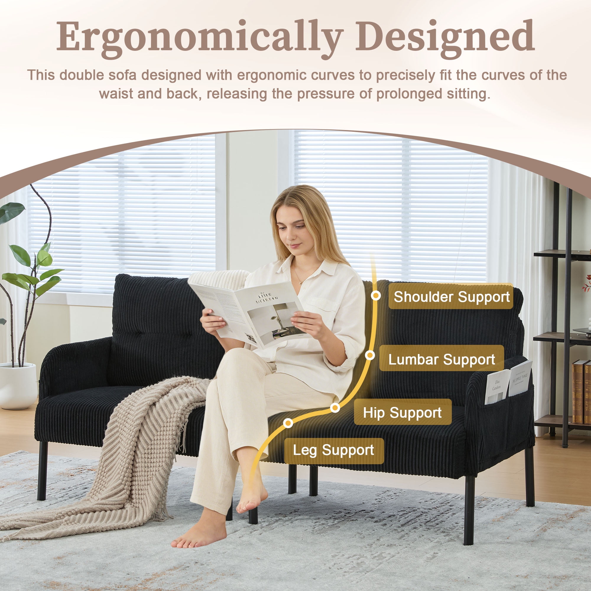 S-HOME Modern Plush Corduroy Upholstered Loveseat with Dual Side Pockets and Metal Legs, Sofa for Apartment, Black