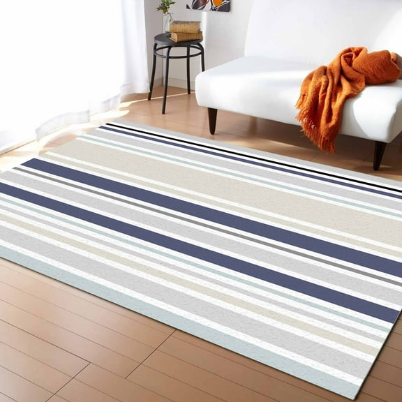 Stripe Area Rug 5'x8' Blue and White Striped Linen Pattern Washable Area Rugs Non Shedding Floor Carpet Rubber Backing Non-Slip Indoor Mats for Living Room Bedroom Kitchen