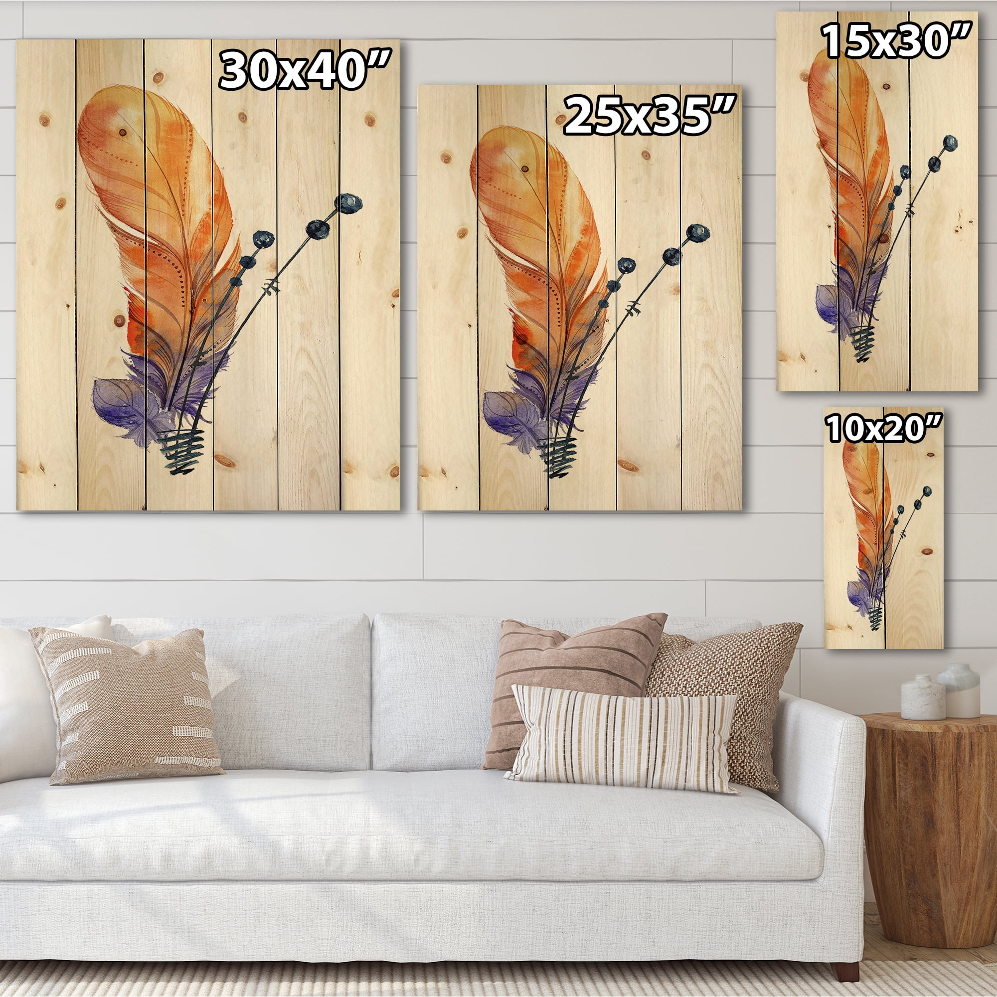Designart 'Ethnic Orange Animal Feather Composition' Bohemian & Eclectic Print on Natural Pine Wood