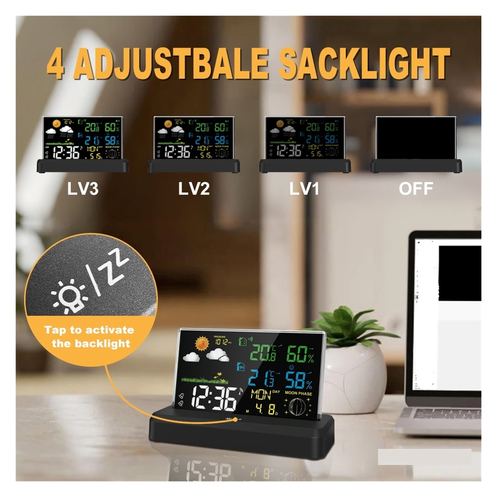 Wireless Weather Station Alarm Clock Color Screen In/Outdoor Thermometer Hygrometer - BLACK