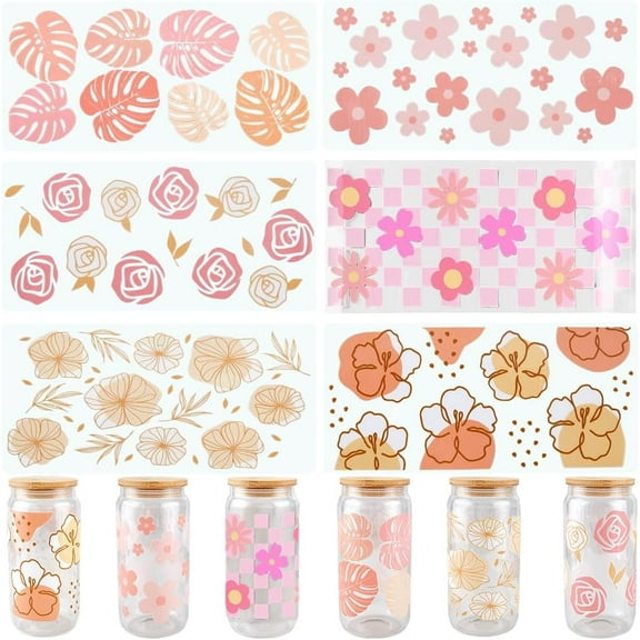 6Pcs 6 Styles UV DTF Cups Wraps Glass Cup Sticker Wrap Bulk Colorful Transparent Plastic Rose Flower Floral Leaves Waterproof Decals Stickers for Tumblers Wood Decoration DIY Crafts Supplies DIY