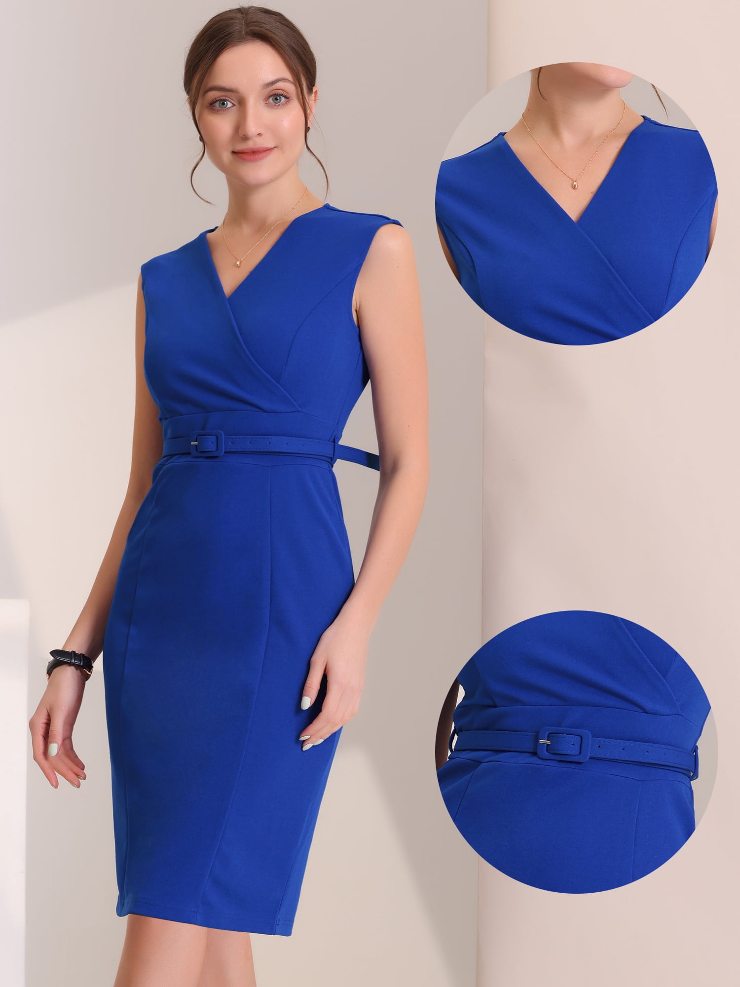 DARING DIVA Pencil Sleeveless Wrap V Neck Belted Office Dresses M Royal Blue