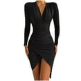 thumbnail image 2 of Floenr Women Sexy Slim Party Dress,V-Neck Solid Long Sleeve Ruched Summer Dresses,Empire Waist Split Mini Dress, 2 of 5
