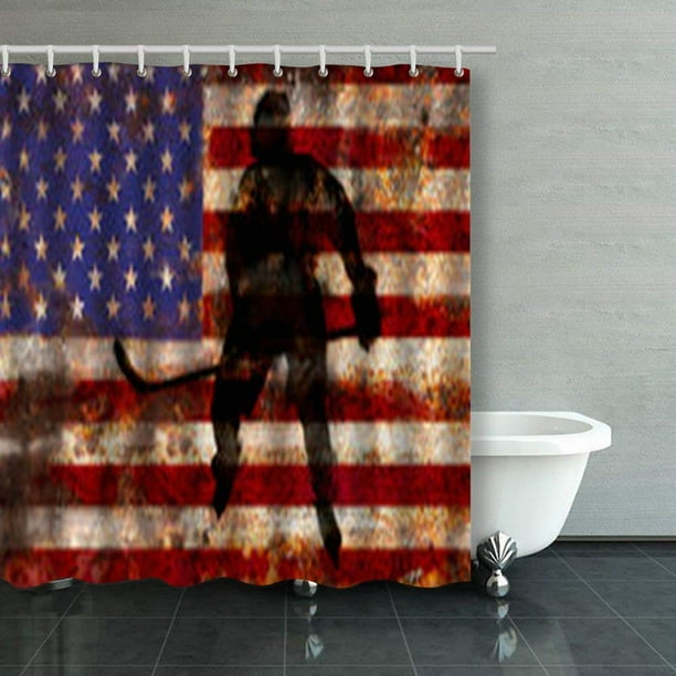 Artjia Flag Usa Where Hockey Player Silhouette Pattern Shower Curtains Bathroom Curtain 66x72 Inch Com Artjia Flag Usa Where Hockey Player, Hockey Shower Curtain