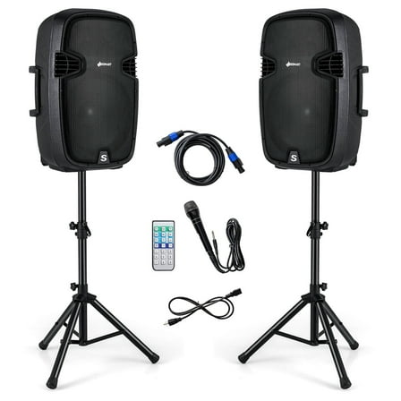Portable Dual 15" 2-way 2000 W Powered Speakers w/  Stands & Controller