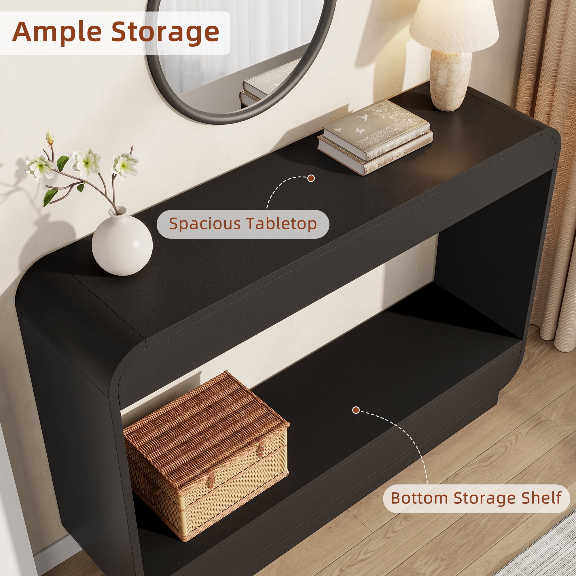 Aufeile 43" Console Table, Curved Entryway Table with Storage, 2-Tier Wood Sofa Table Behind the Couch, Narrow Entry Table for Hallway Foyer Entrance, Black