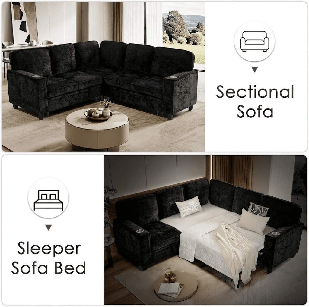 Howcool Modular Sectional Sleeper Sofa, 81" L-Shaped Oversized Cloud Couch with Pull-Out Bed, 5-Seat Chenille Sofa with Storage Chaise, USB Charging and Cup Holders for Living Room Apartment,Black