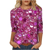 miqiqism Casual 3/4 Sleeve Shirts Women Crewneck Pullover Tops Glitter Tee Shirts Sparkly Glitter Shiny Outfit Summer Fashion Top Clothing,02_Pink,X-Large