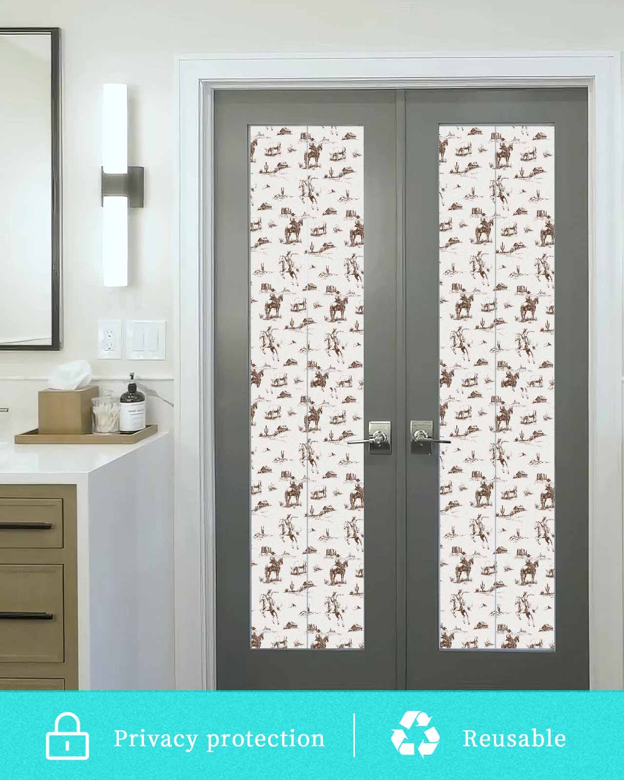Window Privacy Film Brown Western Cowboy Stained Glass Window Film Decorative Sun Block Window Cover Farmhouse Vintage Ethnic Art Window Clings Static Adhesive Sticker for Bathroom 29.5"x118"