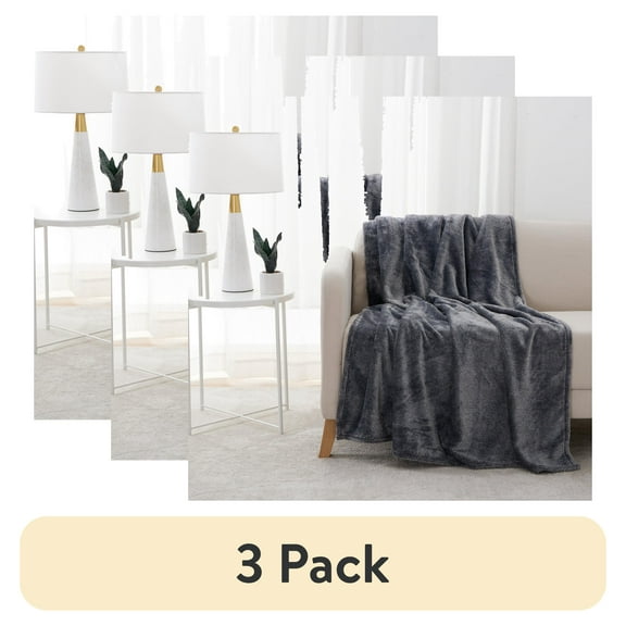 (3 pack) EcoThread Plush Heathered Soft Oversized Throw Blanket, Gray