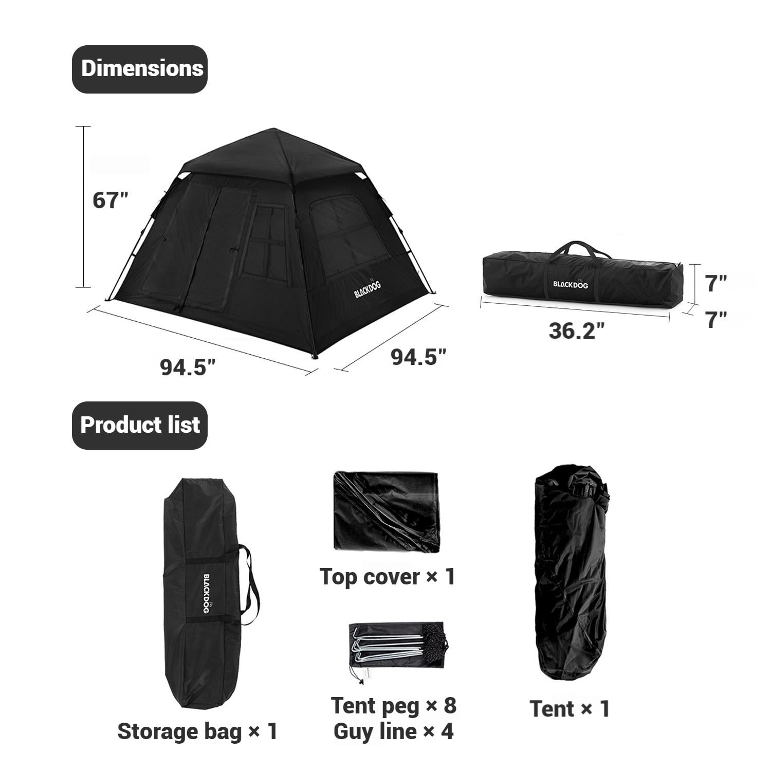 BLACKDOG, Family Camping Tent, Automatic Quick-opening Black Vinyl Coating Tent for 4 people, Easy setup Camping Tent with Two Doors and Four Vent Windows, Waterproof and Sun Protection