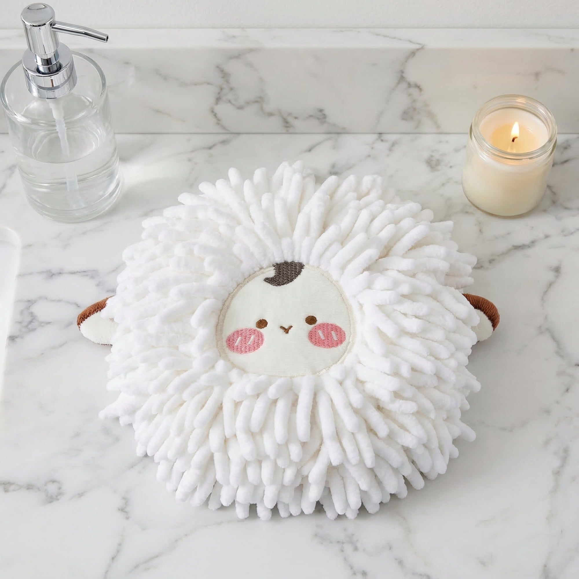 Unique Bargains Cute Sheep Chenille Hanging Hand Towel for Bathroom White/Pink 6" x 6"
