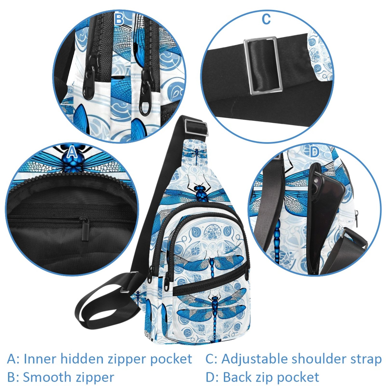ERJLKXP Retro Blue Dragonfly Small Mens Women Crossbody Chest Bag, Travel Over Shoulder Sling Bag Backpack Men Side Bag,Daypack